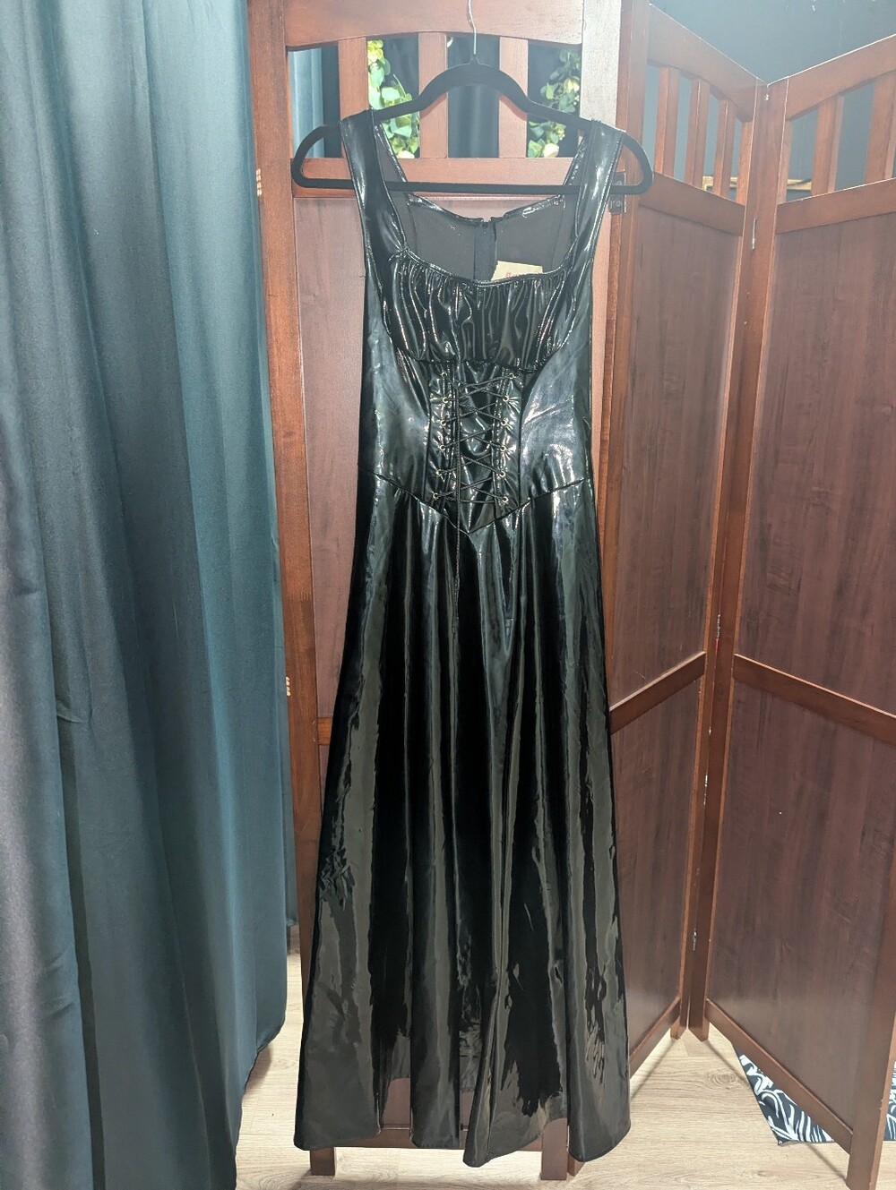 Black Patent Maxi Dress with Lace-Up Bodice